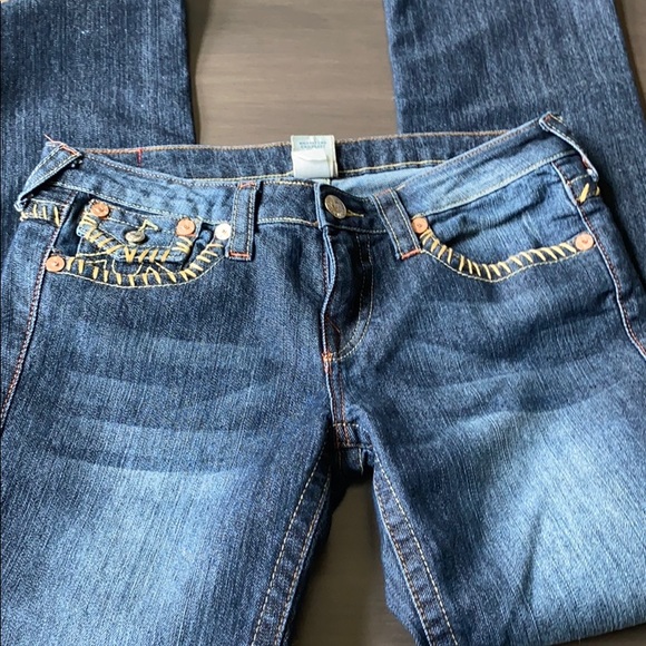 True Religion Indigo Boot Cut Jeans with Yellow Stitching - Picture 3 of 9